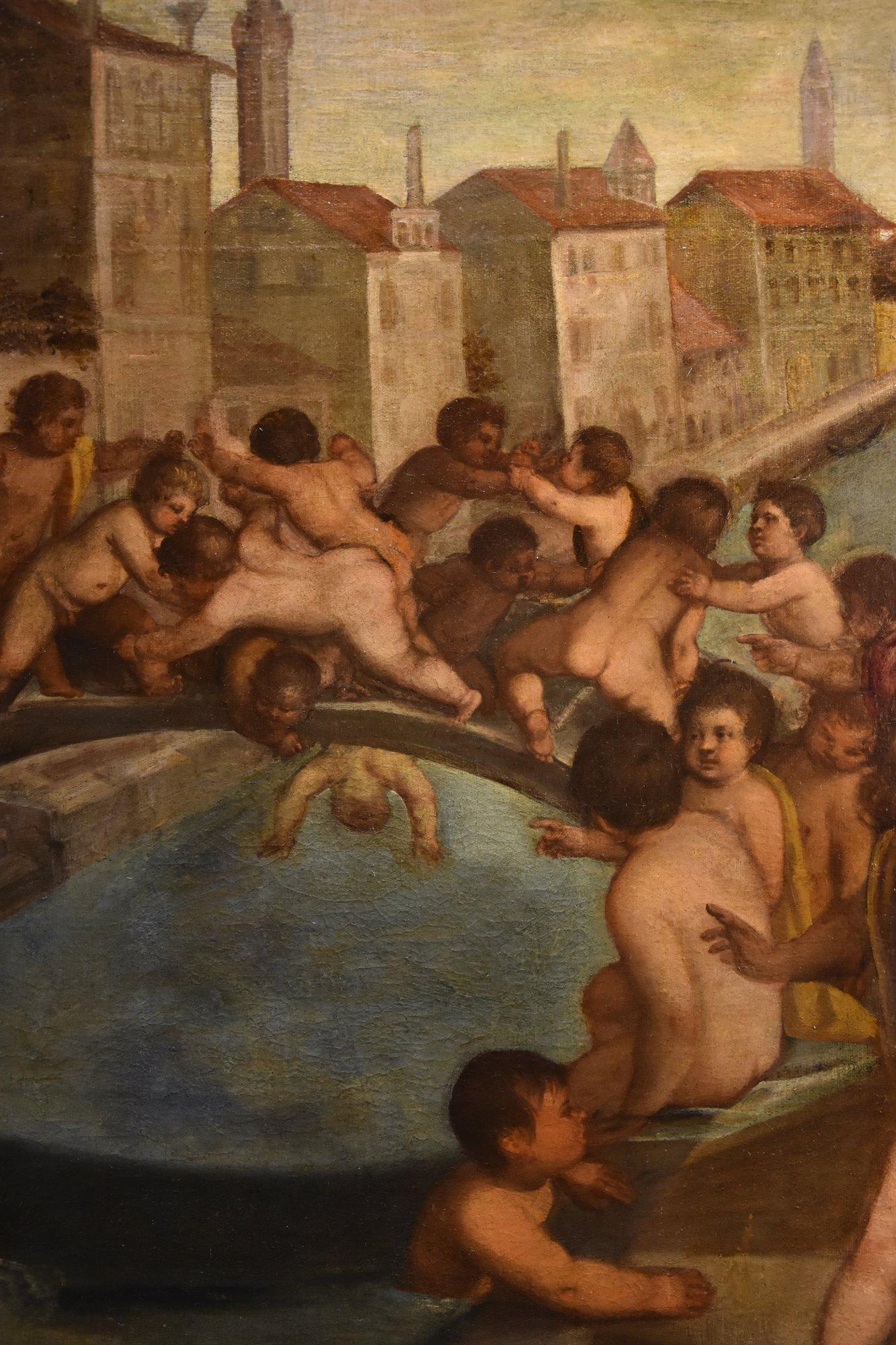 Tiziano Vecellio (Pieve di Cadore 1490 - Venice 1576) Workshop 

Putti fighting on the Ponte dei Pugni in Venice  

Venetian school, late 16th century  

Oil on canvas 105 x 144 cm - In frame 128 x 167 cm  

Provenance: Lepke Kunst-Auction-Haus,