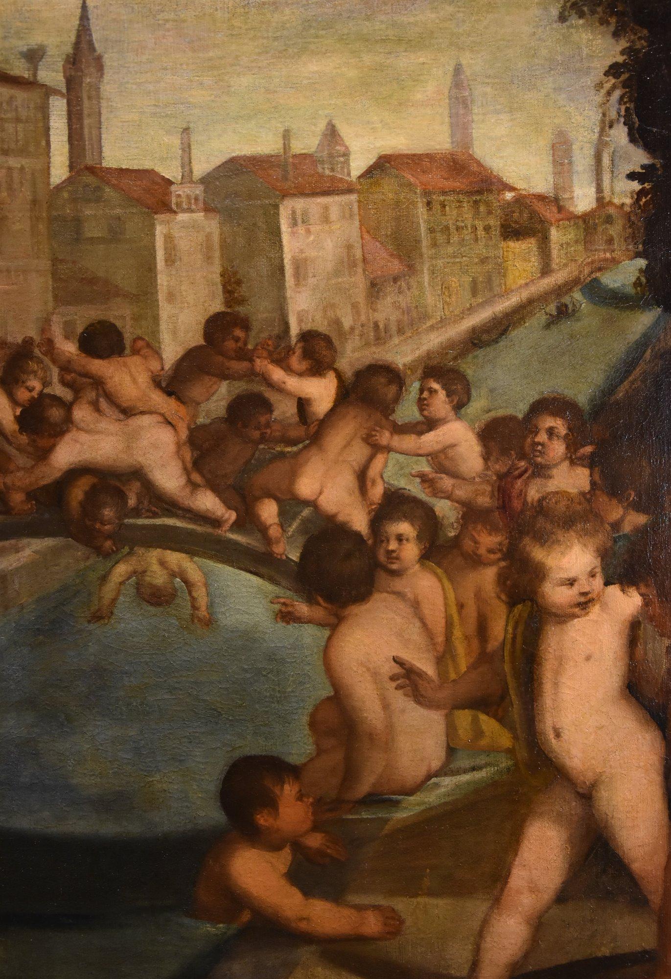 Putti Fighting Venice Tiziano 16th Century Paint Oil on canvas Old master Italy For Sale 1