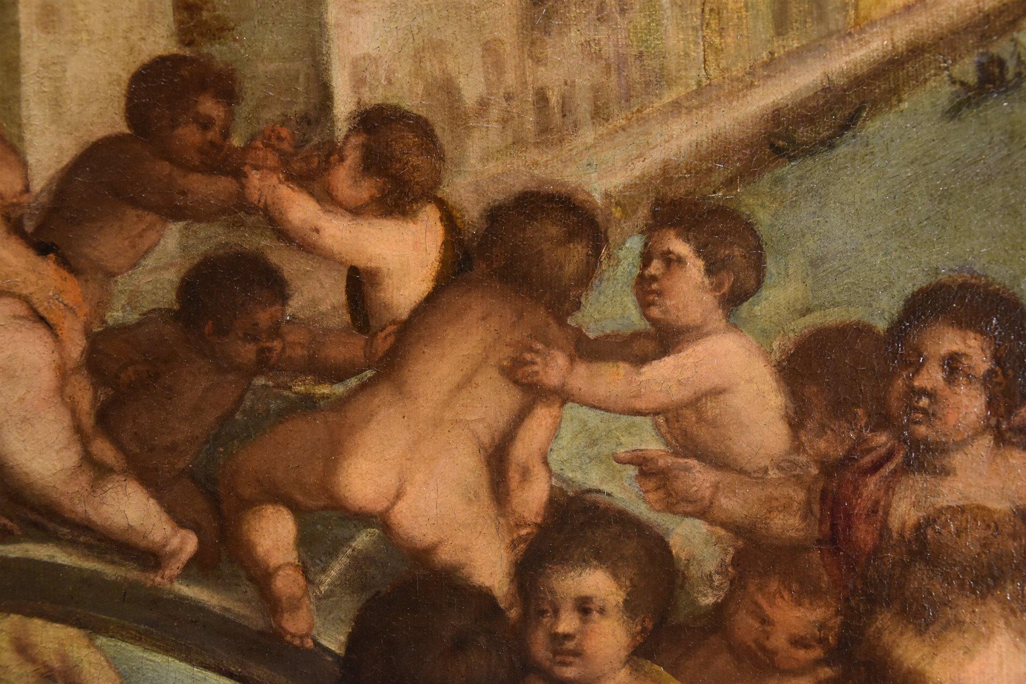 Putti Fighting Venice Tiziano 16th Century Paint Oil on canvas Old master Italy For Sale 2