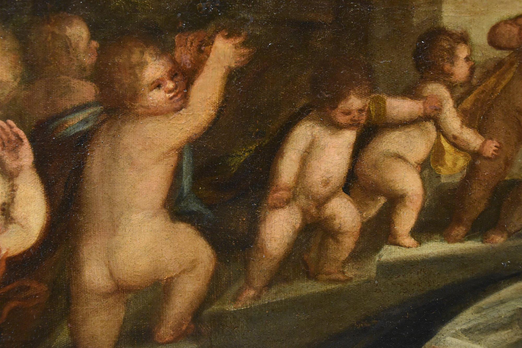 Putti Fighting Venice Tiziano 16th Century Paint Oil on canvas Old master Italy For Sale 3