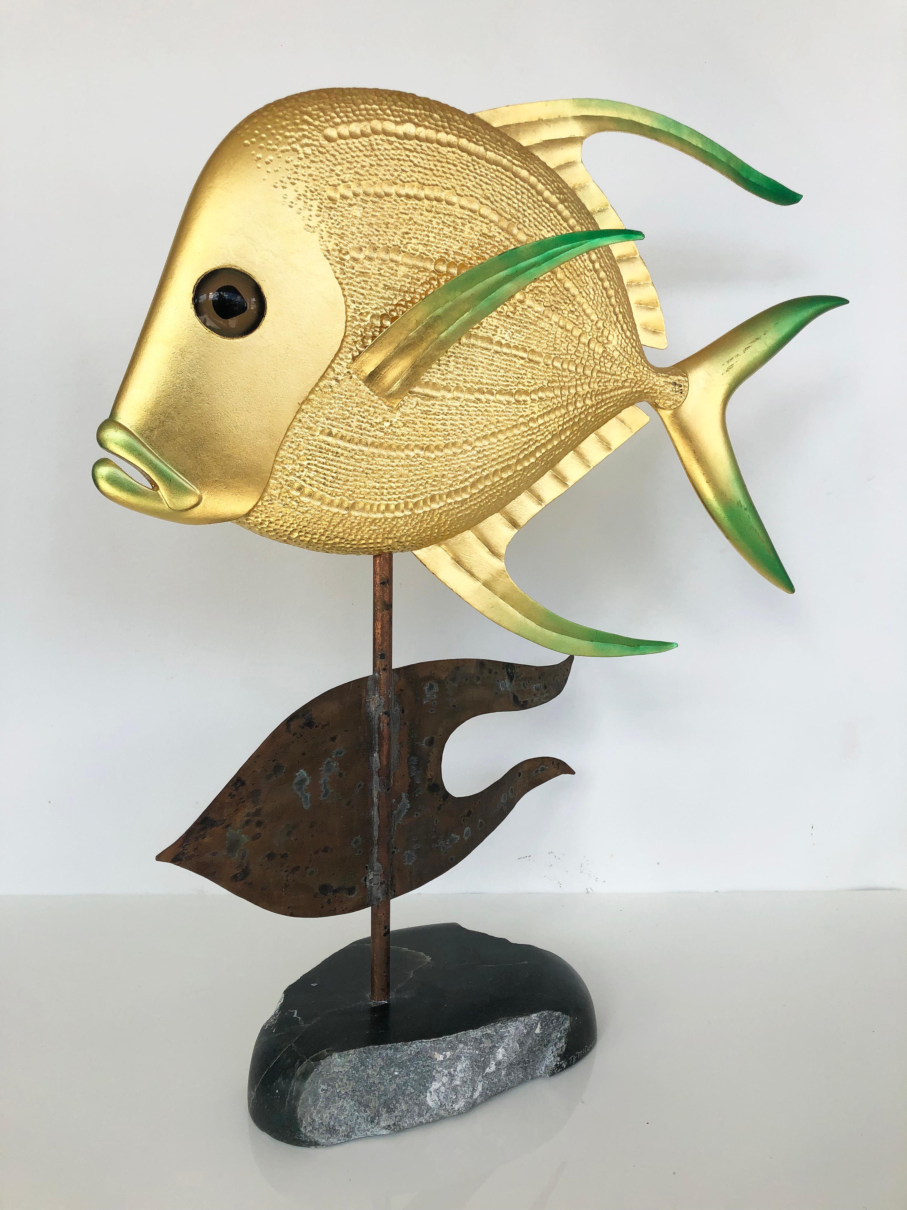TJ McDermott (Freeport, ME) Brass, Metal & Marble Fish Sculpture on Stand

Offered for sale is a TJ McDermott signed fish sculpture on stand made using brass and metal and standing on a marble base. The artist works in Freeport and Portland, Maine
