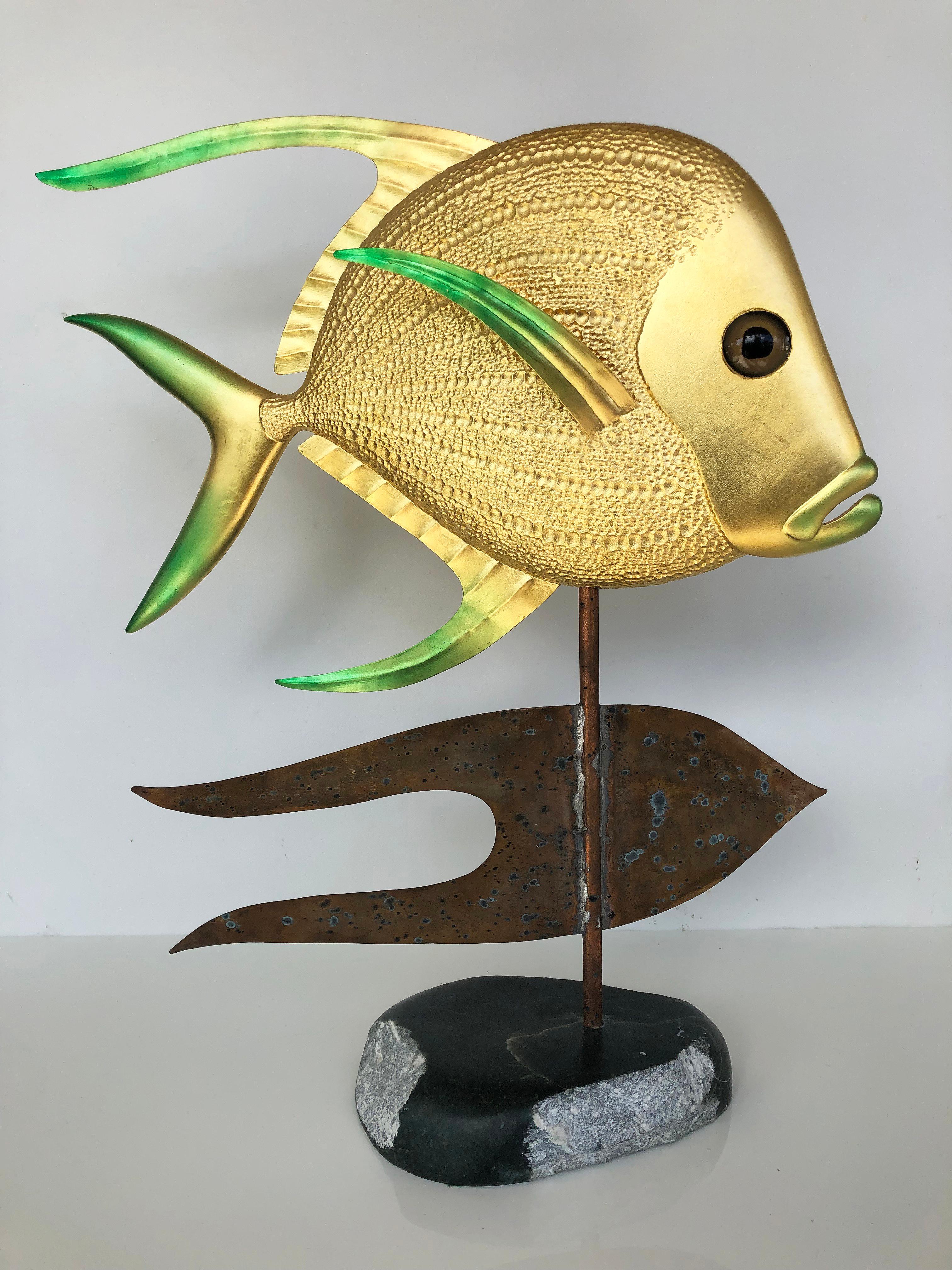 20th Century TJ McDermott 'Freeport, ME' Brass, Metal & Marble Fish Sculpture on Stand