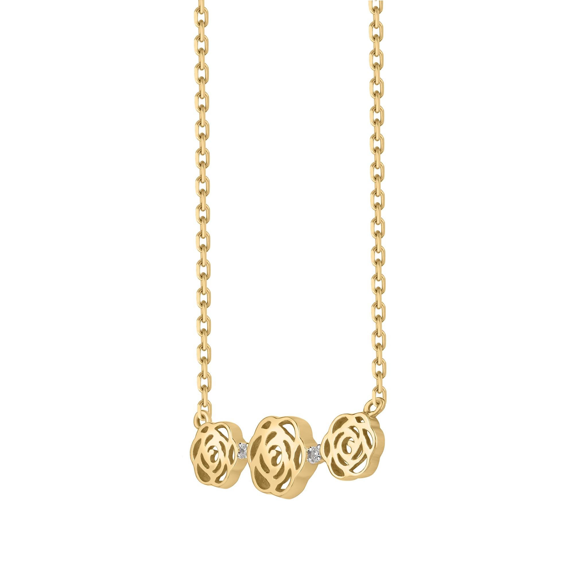 This diamond floral shaped diamond pendant is subtle and classy. Embedded with two round diamonds in prong setting and handcrafted in yellow gold. Diamonds are graded HI color, I1 clarity.