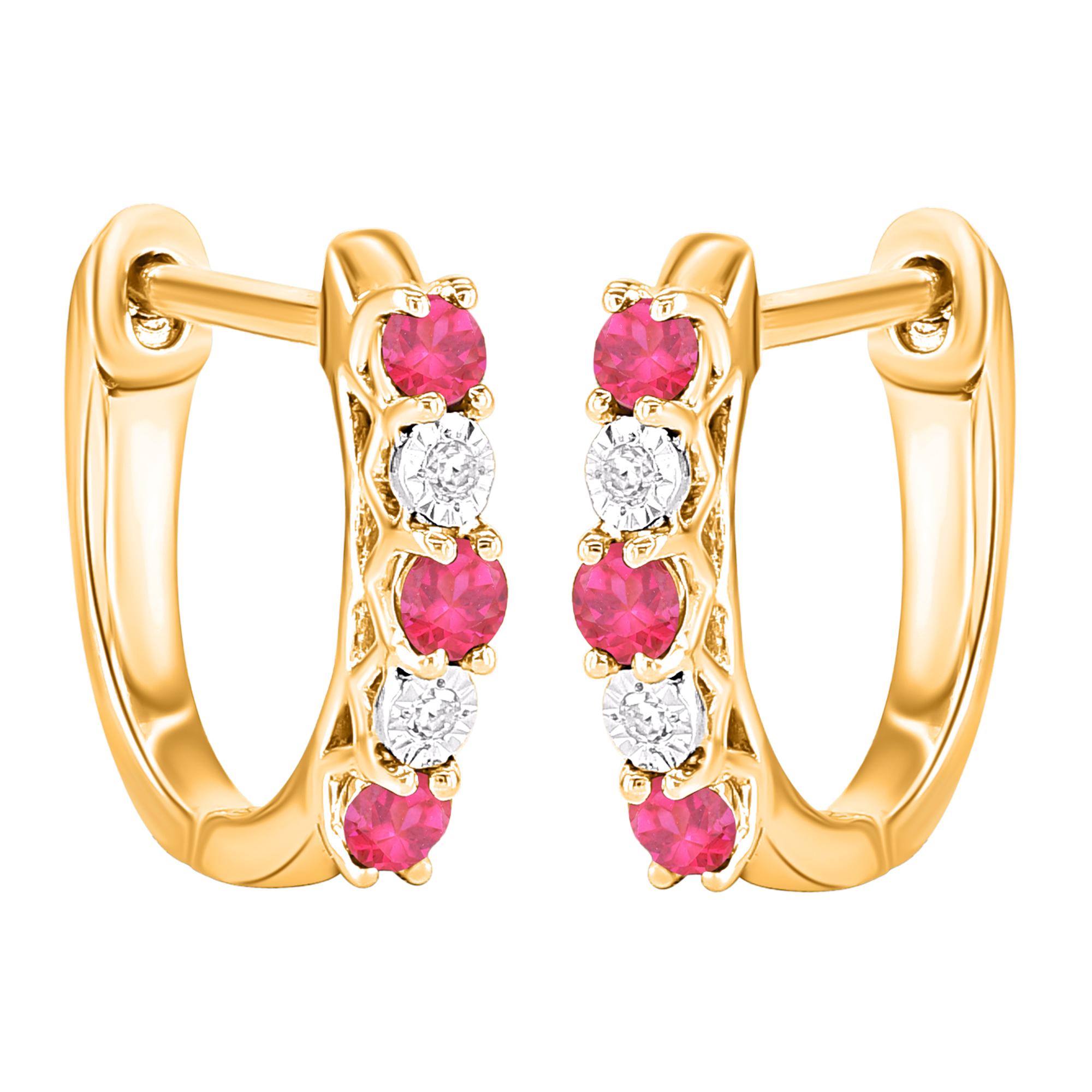 Graceful and modern, this ruby hoop earrings display your glamorous style. Crafted in 14KT yellow gold with 6 round ruby and 4 single cut round diamond in prong setting. These earring secure with post back. The white diamonds are graded as H-I color