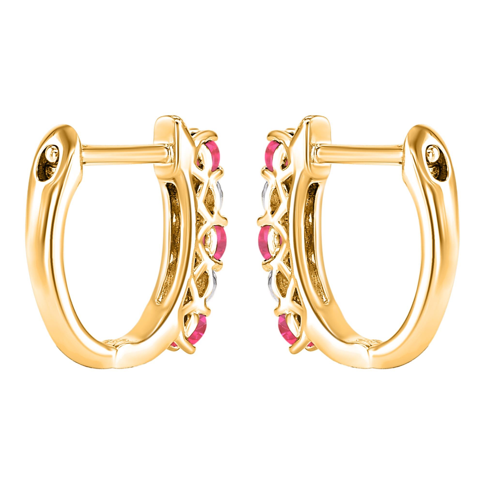 Contemporary TJD 0.02 Carat Diamonds and 0.30 Carat Ruby 14KT Yellow Gold Hoop Earrings For Sale
