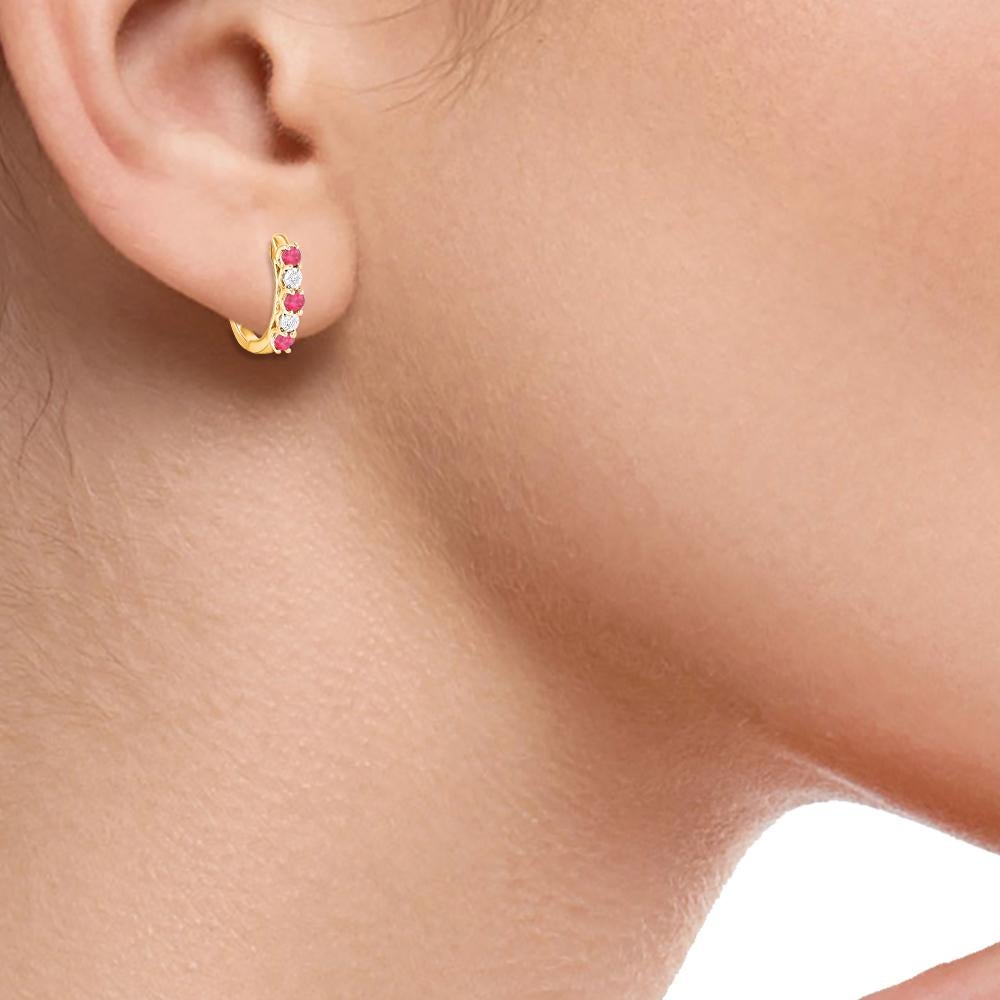 Round Cut TJD 0.02 Carat Diamonds and 0.30 Carat Ruby 14KT Yellow Gold Hoop Earrings For Sale