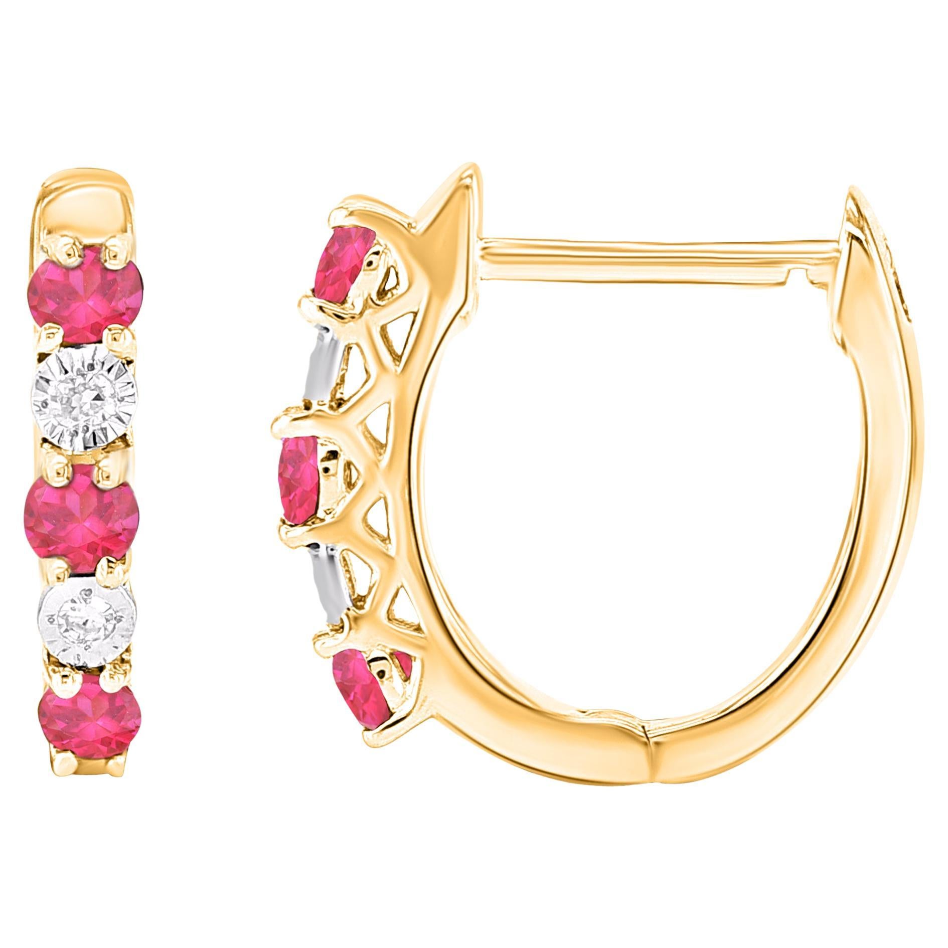 TJD 0.02 Carat Diamonds and 0.30 Carat Ruby 14KT Yellow Gold Hoop Earrings im Angebot