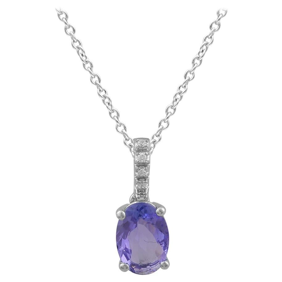 TJD 0,02 Carati Rotondi e 7 X 5MM Nat Ovale Tanzanite Ciondolo in Oro Bianco 14K con Diamanti