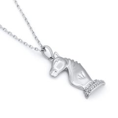 TJD 0.03 Carat Natural Diamond 14 Karat White Gold Chess Knight Pendant Necklace