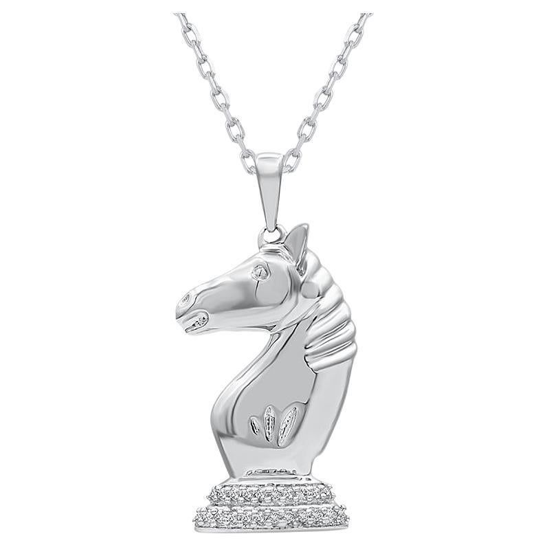 TJD 0.03 Carat Natural Diamond 14 Karat White Gold Chess Knight Pendant Necklace For Sale