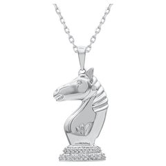 TJD 0.03 Carat Natural Diamond 14 Karat White Gold Chess Knight Pendant Necklace