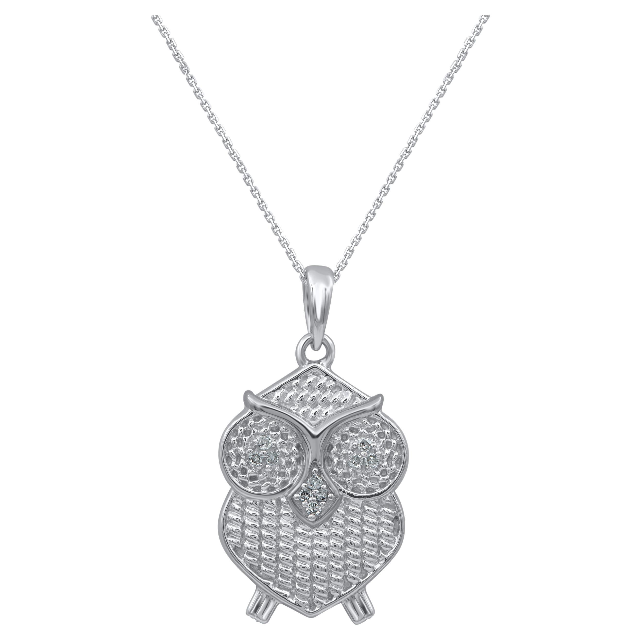 TJD 0.03 Carat Natural Round Diamond 14KT White Gold Owl Pendant Necklace For Sale