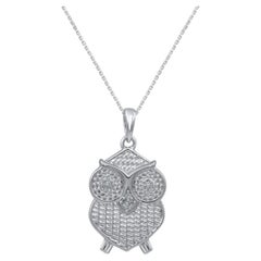 TJD 0.03 Carat Natural Round Diamond 14KT White Gold Owl Pendant Necklace