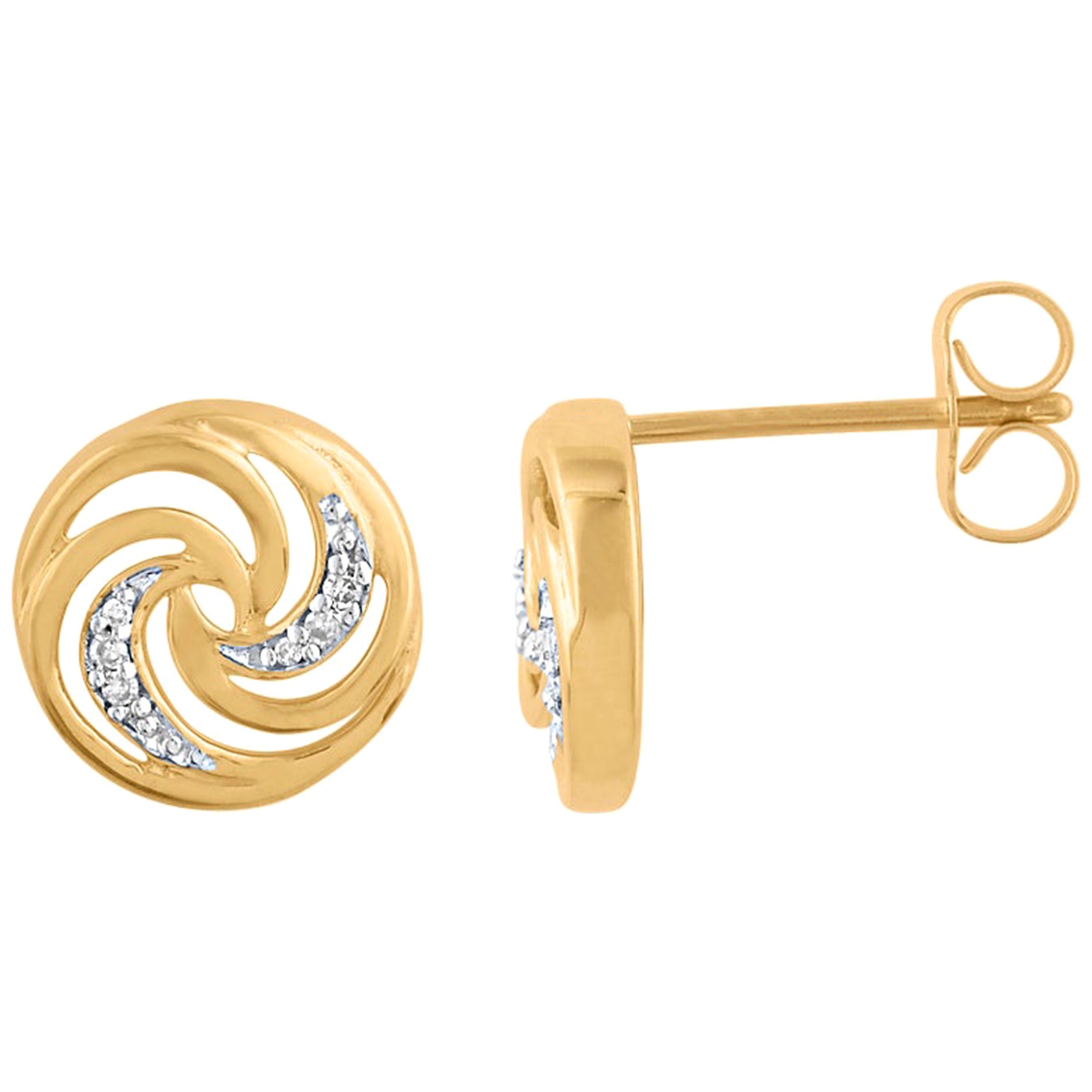 TJD 0.03 Carat Round Diamond 14 Karat Yellow Gold Designer Spiral Stud Earrings For Sale