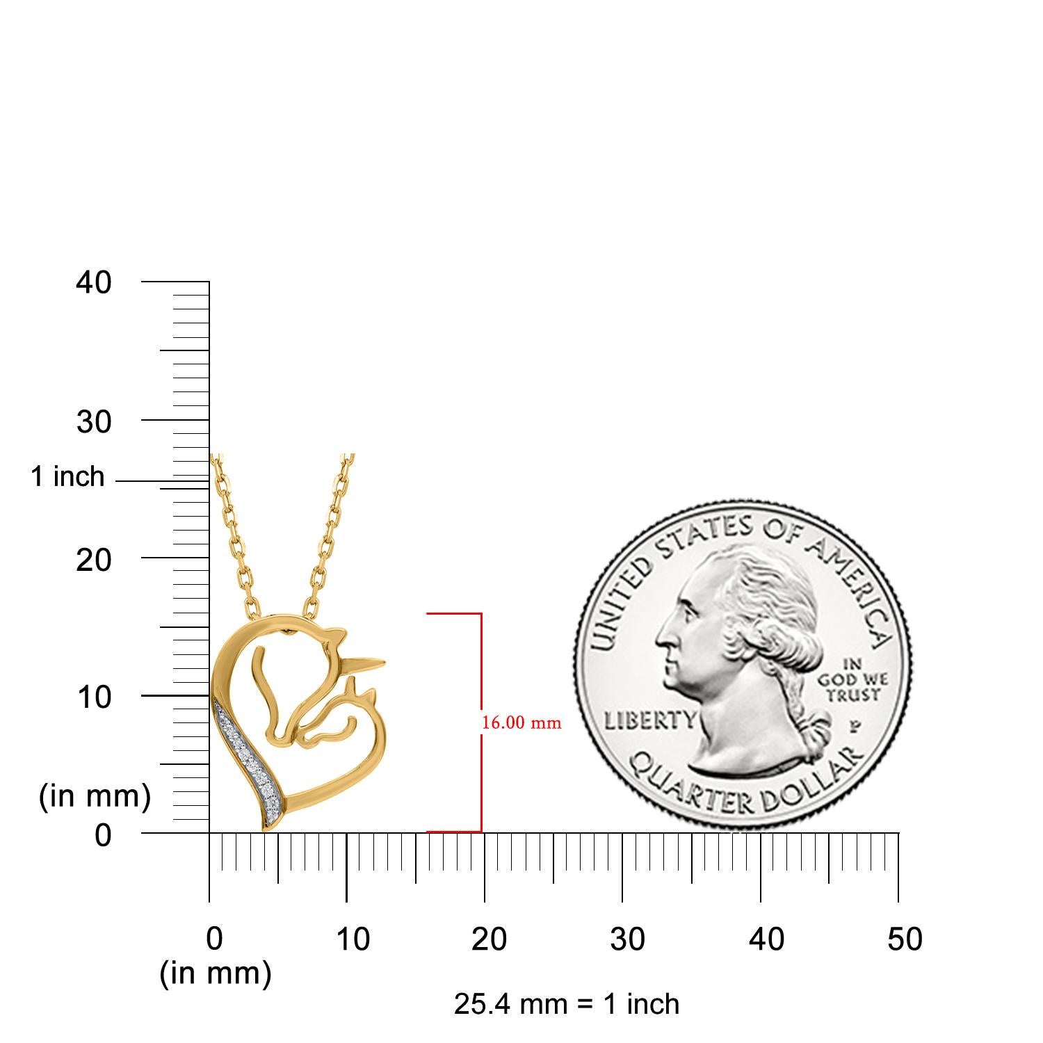 TJD 0,03 Karat runder Diamant 14 Karat Gelbgold Einhorn Herz-Anhänger Halskette im Zustand „Neu“ im Angebot in New York, NY