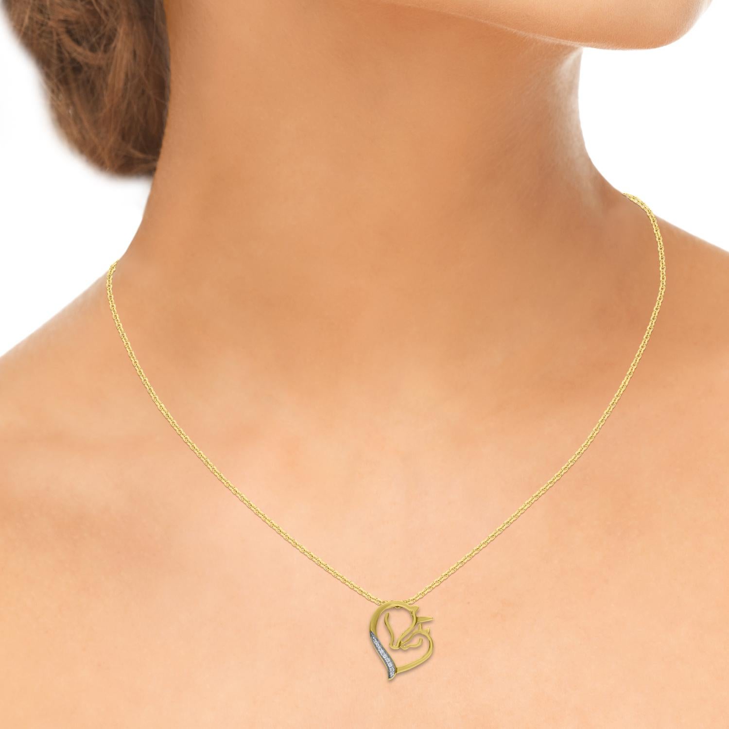 TJD 0,03 Karat runder Diamant 14 Karat Gelbgold Einhorn Herz-Anhänger Halskette Damen im Angebot
