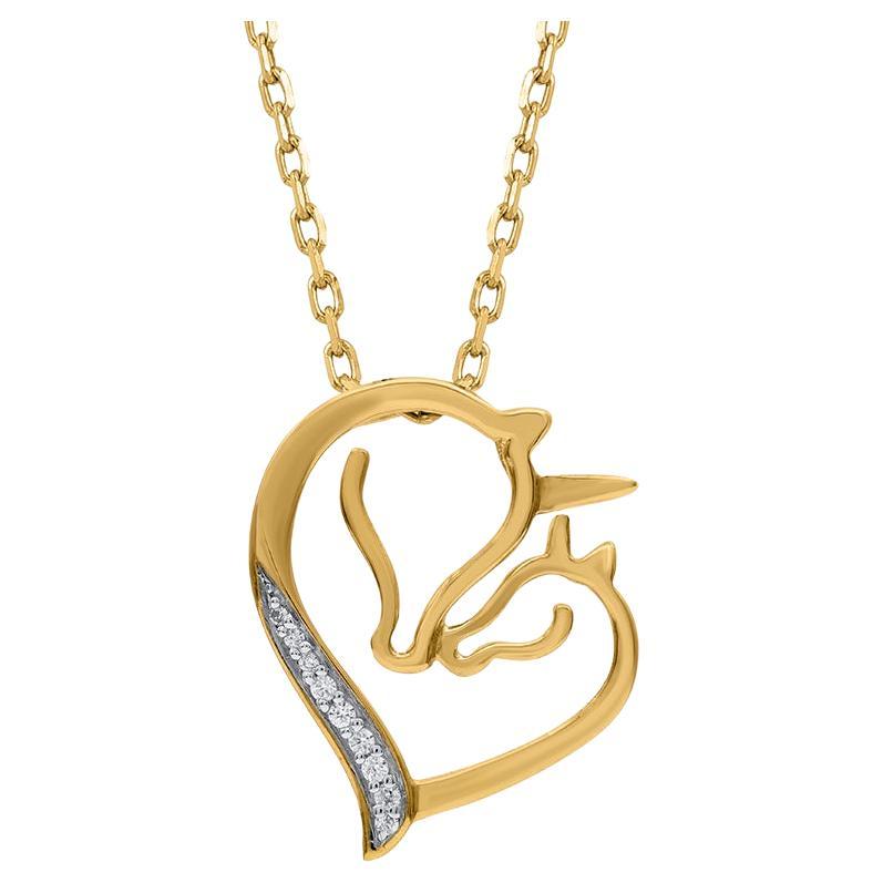 TJD 0,03 Karat runder Diamant 14 Karat Gelbgold Einhorn Herz-Anhänger Halskette im Angebot