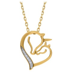 TJD 0.03 Carat Round Diamond 14 Karat Yellow Gold Unicorn Heart Pendant Necklace