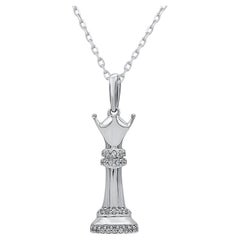 TJD 0.04 Carat Natural Diamond 14 Karat White Gold Chess King Pendant Necklace