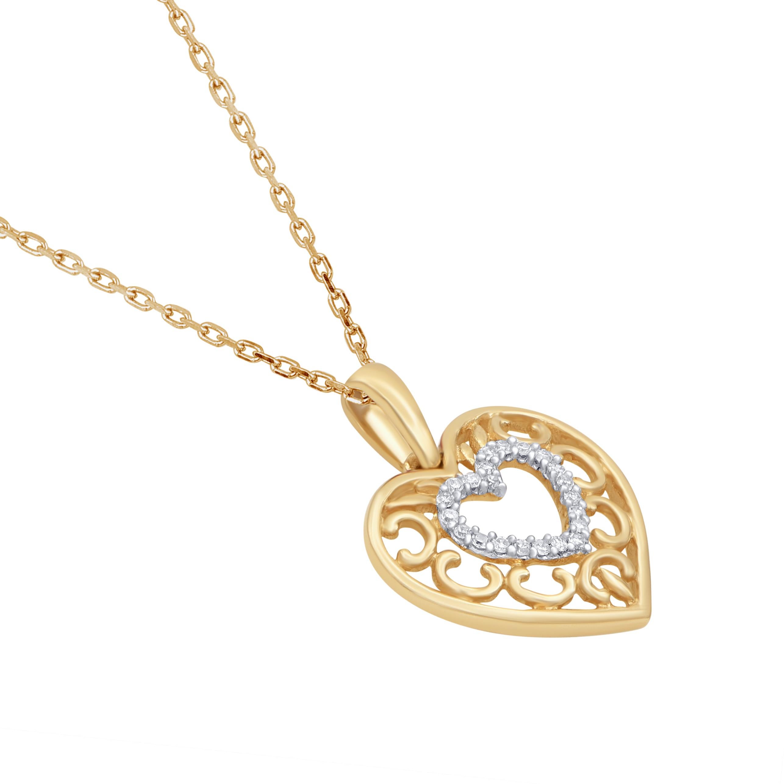 Experience dazzling diamonds with this magnificent studded pendant that’s sure to steal all the attention. The heart shaped pendant is crafted from 14 karat yellow gold and features round single cut 22 white diamonds set in prong setting. H-I color