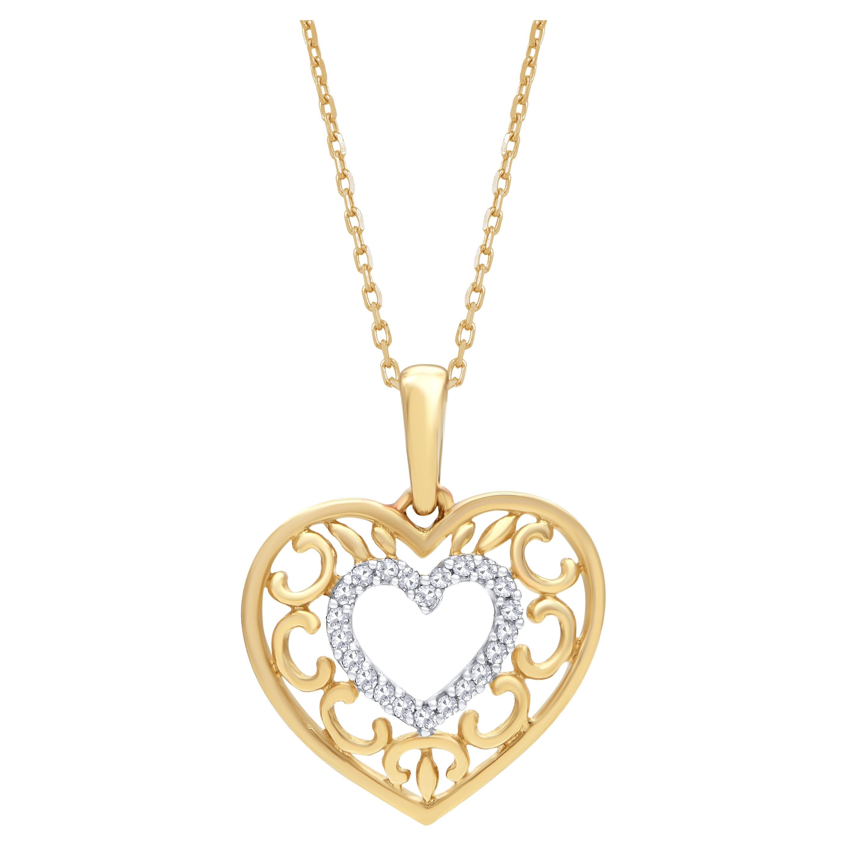 TJD 0.04 Carat Round Diamond 14 Karat Yellow Gold Heart Pendant Necklace