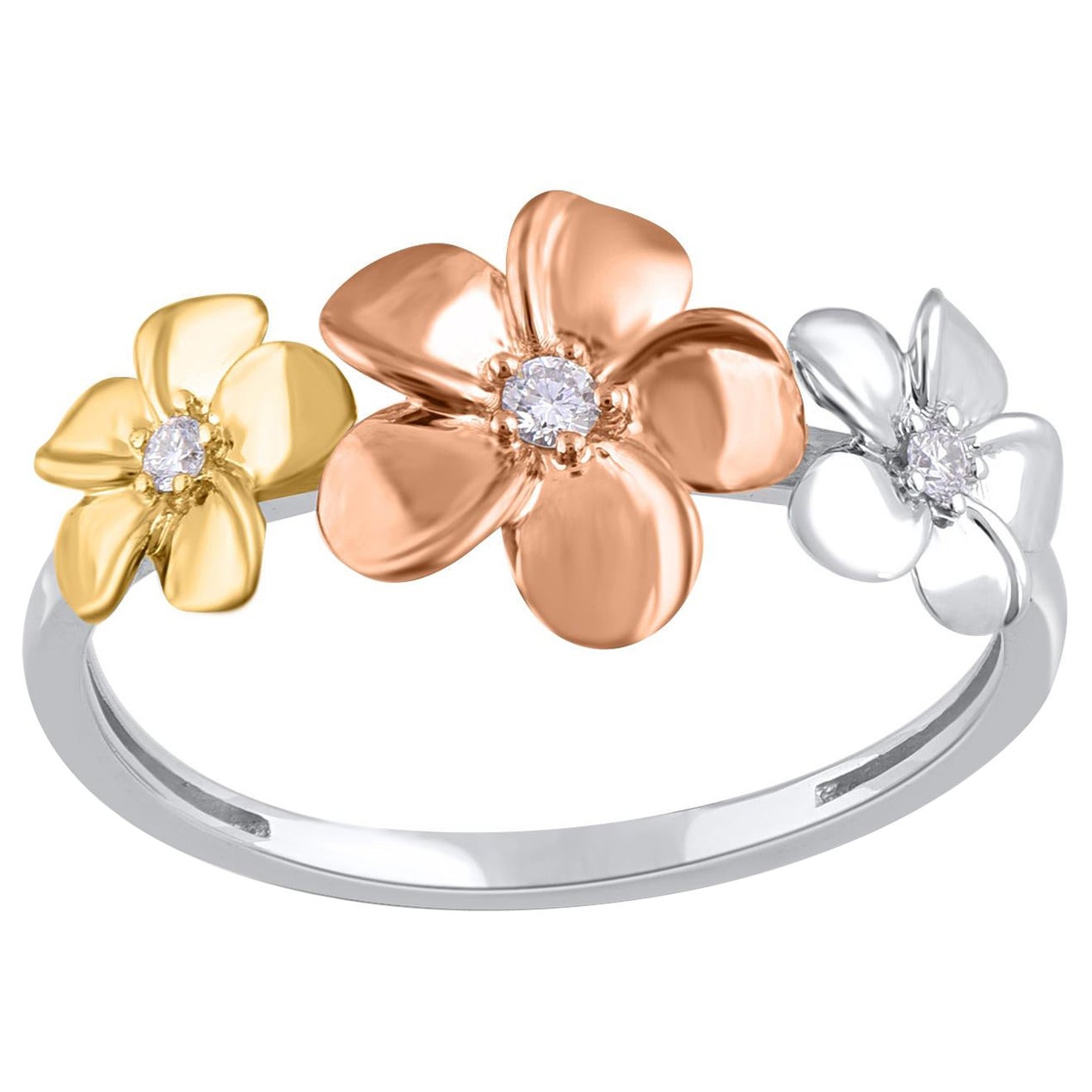 TJD 0.05 Carat Brilliant Cut Diamond 14KT Tri Color Gold Plumeria Flower Ring For Sale