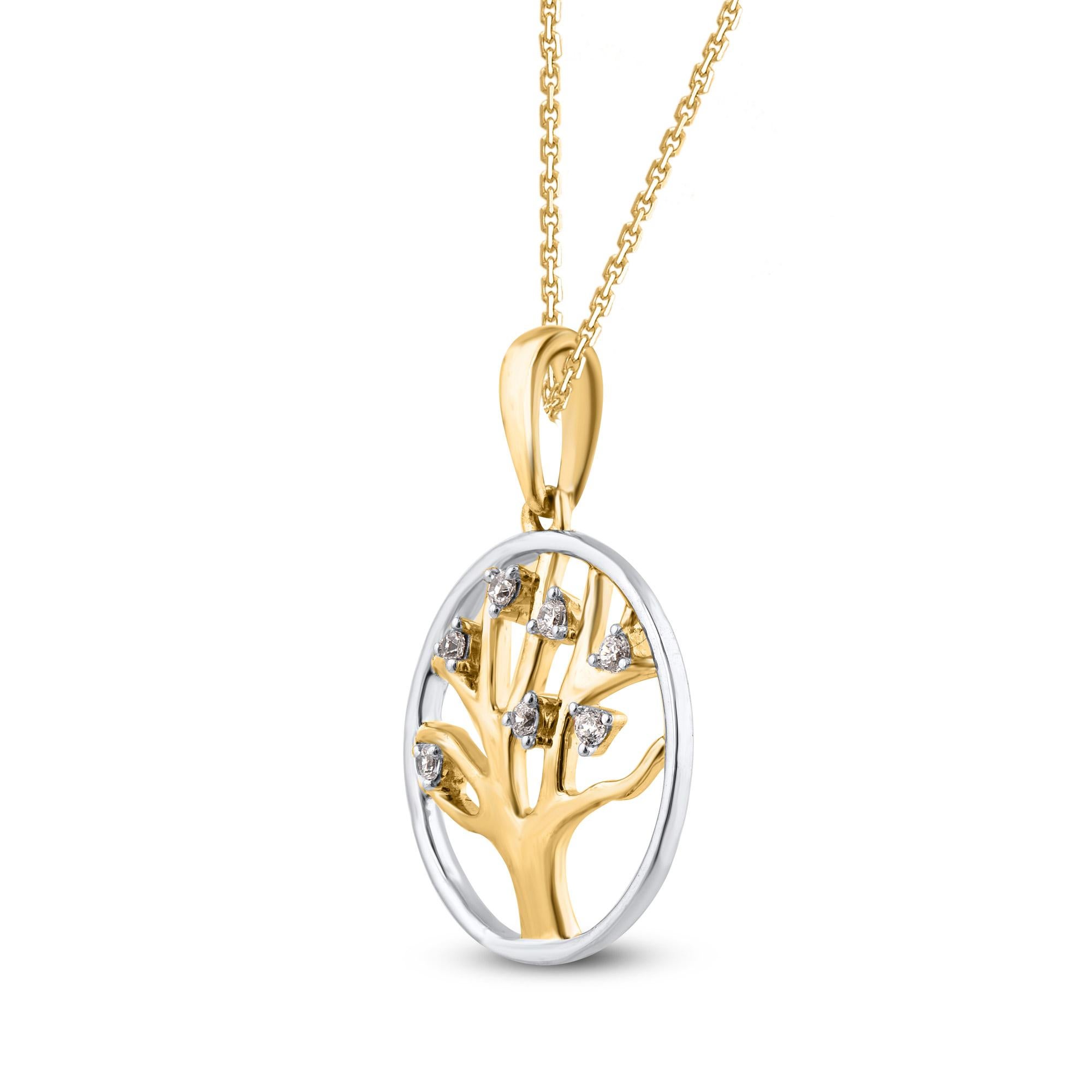 TJD 0.05 Carat Brilliant Cut Diamond 14KT Two Tone Gold Tree of Life Necklace In New Condition For Sale In New York, NY
