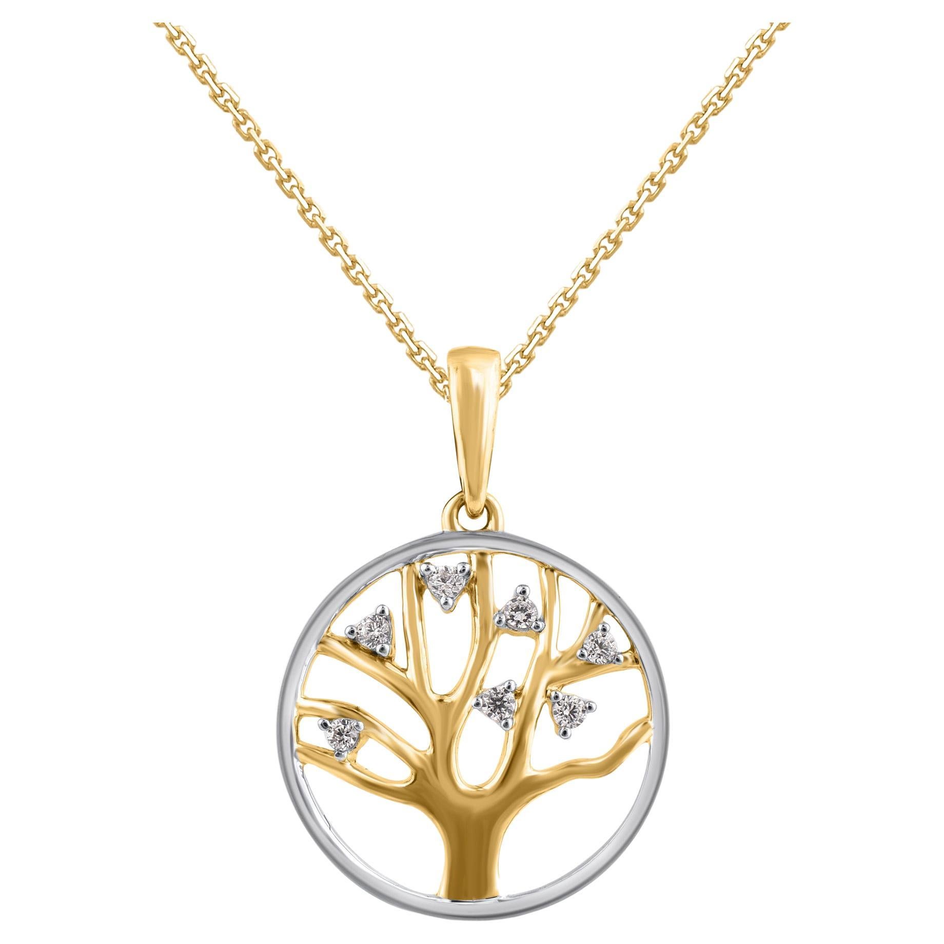 TJD 0.05 Carat Brilliant Cut Diamond 14KT Two Tone Gold Tree of Life Necklace For Sale