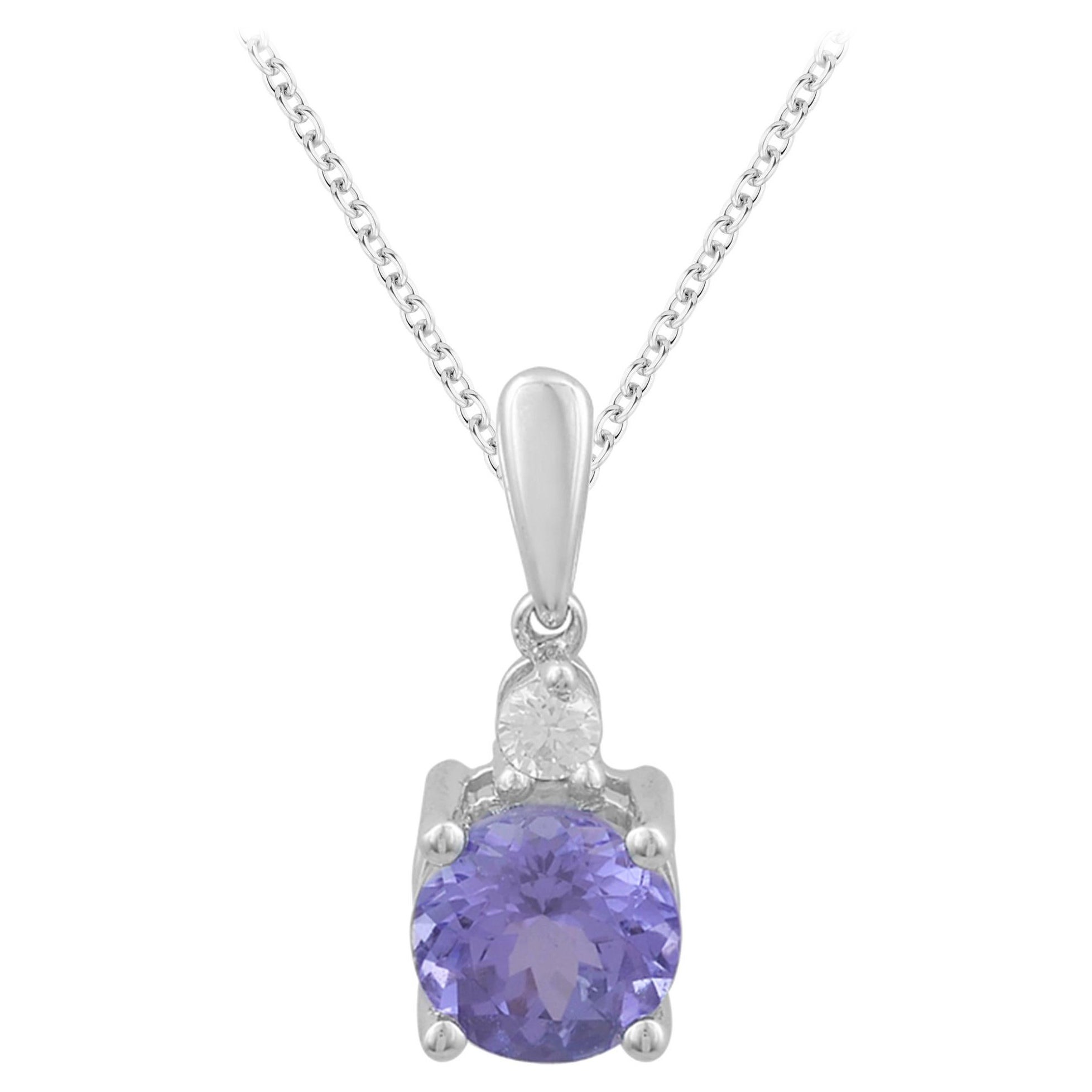 TJD 0.05 Carat Diamond and 6MM Round Tanzanite 14 Karat White Gold Halo Pendant