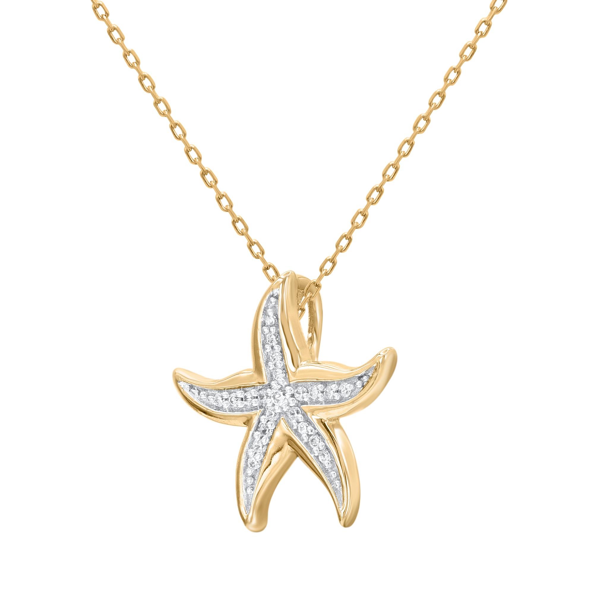 Give your casual look a fun beachy vibe with this starfish pendant necklace. These pendants are studded with 21 single cut and brilliant cut natural diamonds in pave setting and pendant crafted in 14 karat yellow gold. Total diamond weight is 0.05