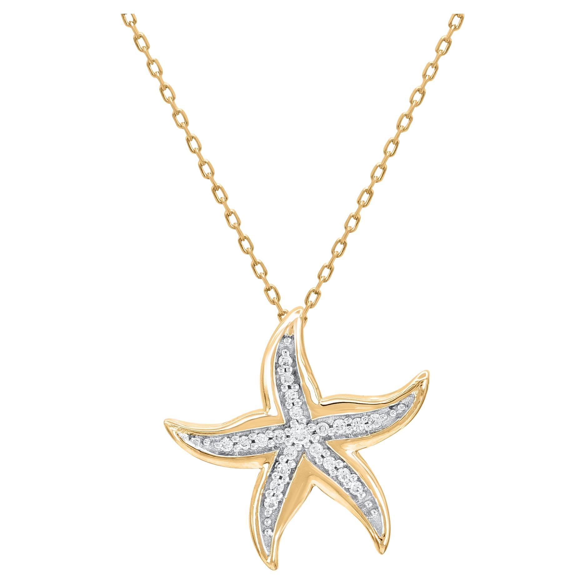 TJD 0.05 Carat Natural Diamond 14 Karat Yellow Gold Starfish Pendant Necklace For Sale