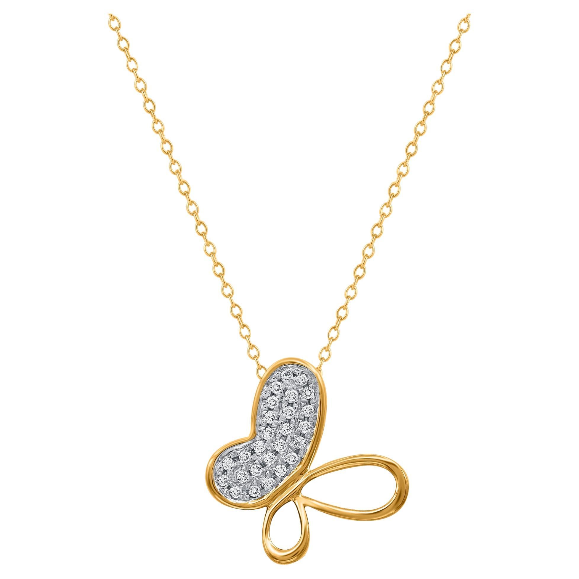TJD 0.05 Carat Natural Diamond Tilted Butterfly Pendant Necklace in Yellow Gold For Sale