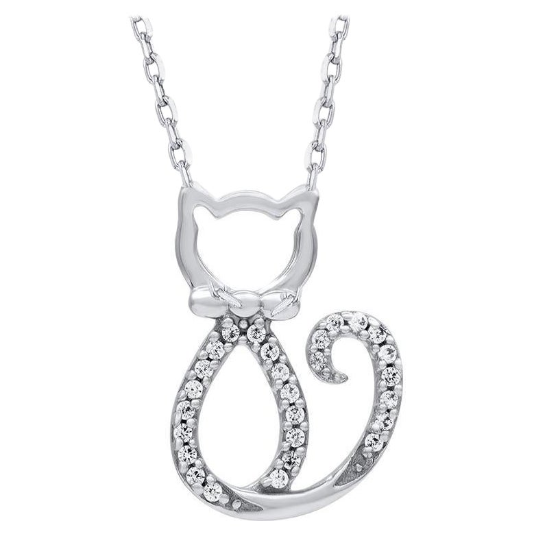 TJD 0.05 Carat Natural Round Cut Diamond 14 Karat White Gold Cat Pendant