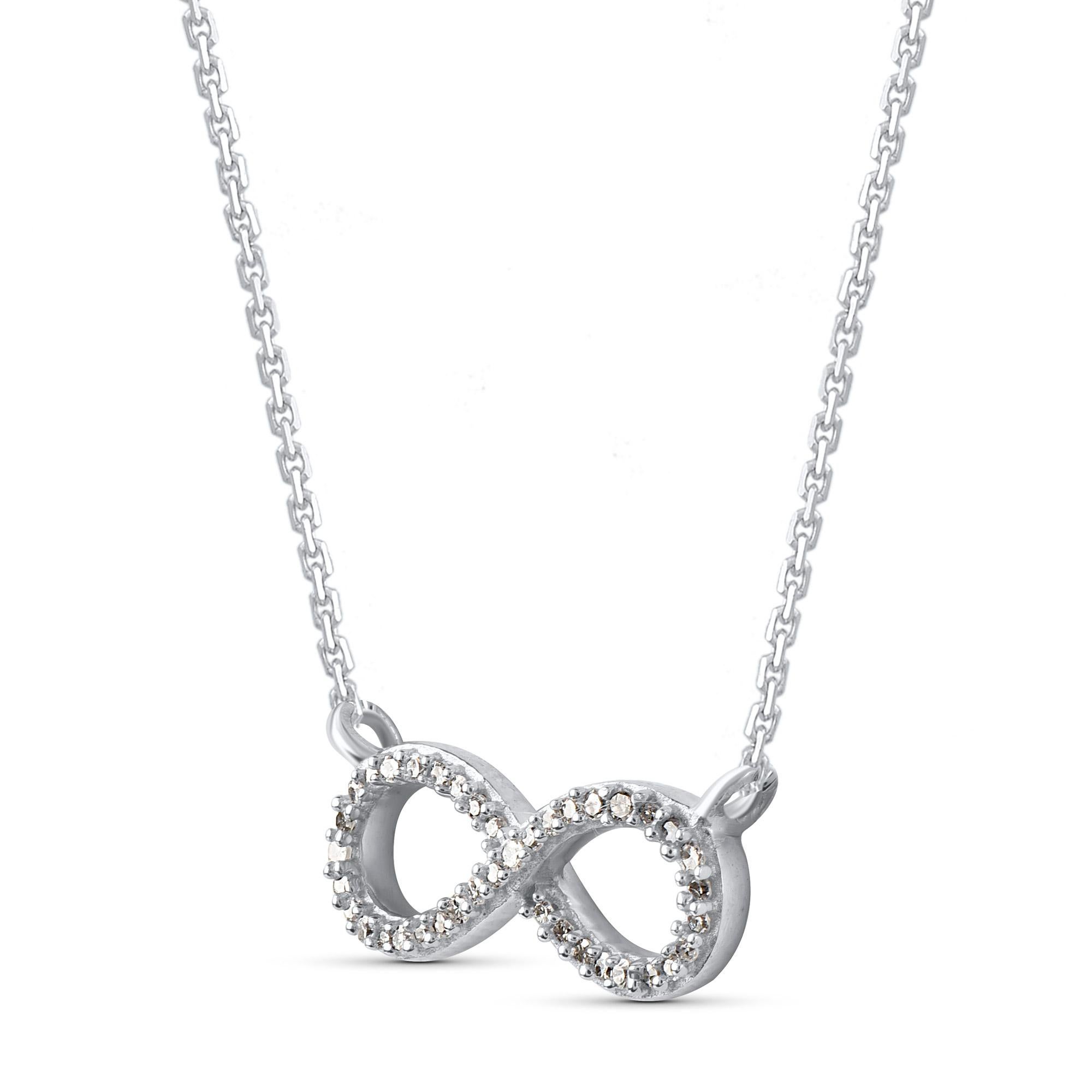 Bring charm to your look with this diamond infinity pendant necklace. The pendant is crafted from 14-karat white gold and features round single cut 39 white diamonds in prong set, H-I color I2 clarity and a high polish finish complete the brilliant