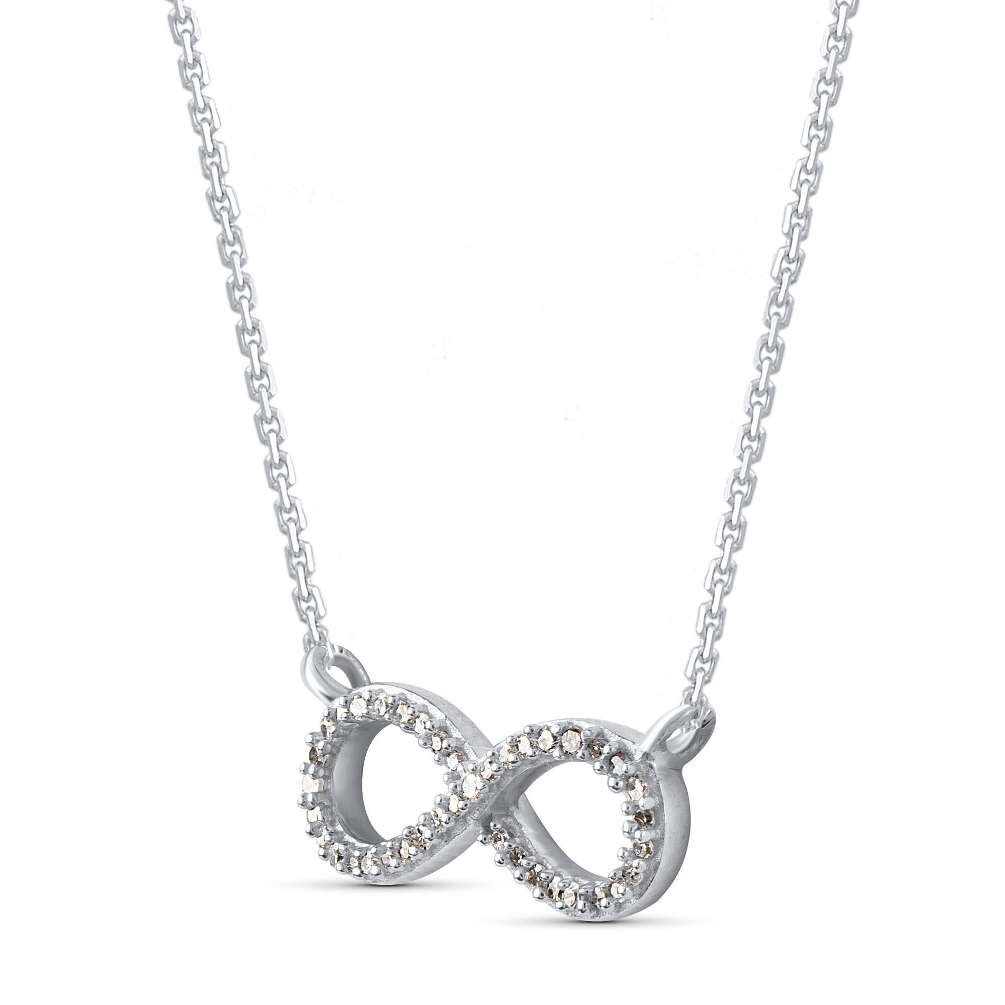 Bringen Sie Charme in Ihren Look mit dieser diamantenen Unendlichkeits-Halskette. Der Anhänger ist aus 14-karätigem Weißgold gefertigt und verfügt über 39 runde weiße Diamanten im Einzelschliff, die in Zacken gefasst sind. Die Farbe H-I, die
