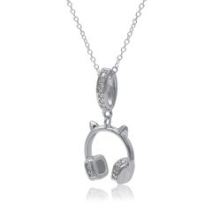 TJD 0.05 Carat Natural Round Diamond 14KT White Gold Headphone Pendant Necklace