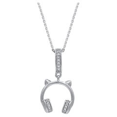 TJD 0.05 Carat Natural Round Diamond 14KT White Gold Headphone Pendant Necklace