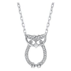 TJD 0.05 Carat Natural Round Diamond 14KT White Gold Owl Pendant Necklace