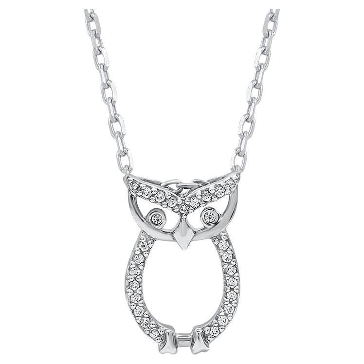 TJD 0.05 Carat Natural Round Diamond 14KT White Gold Owl Pendant Necklace For Sale