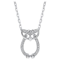 TJD 0.05 Carat Natural Round Diamond 14KT White Gold Owl Pendant Necklace