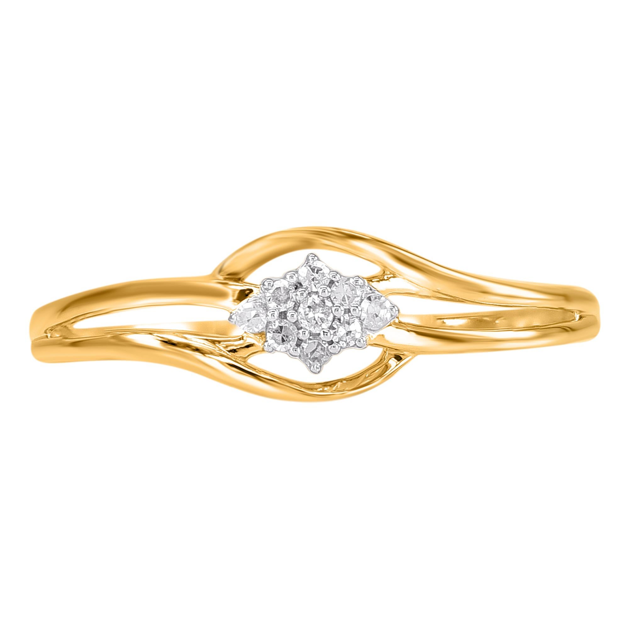 Express your love for her in the most classic way with this engagement ring. Beautifully crafted by our inhouse experts in 14 karat yellow gold and embellished with 9 brilliant cut and single cut round diamond set in prong setting. Total diamond