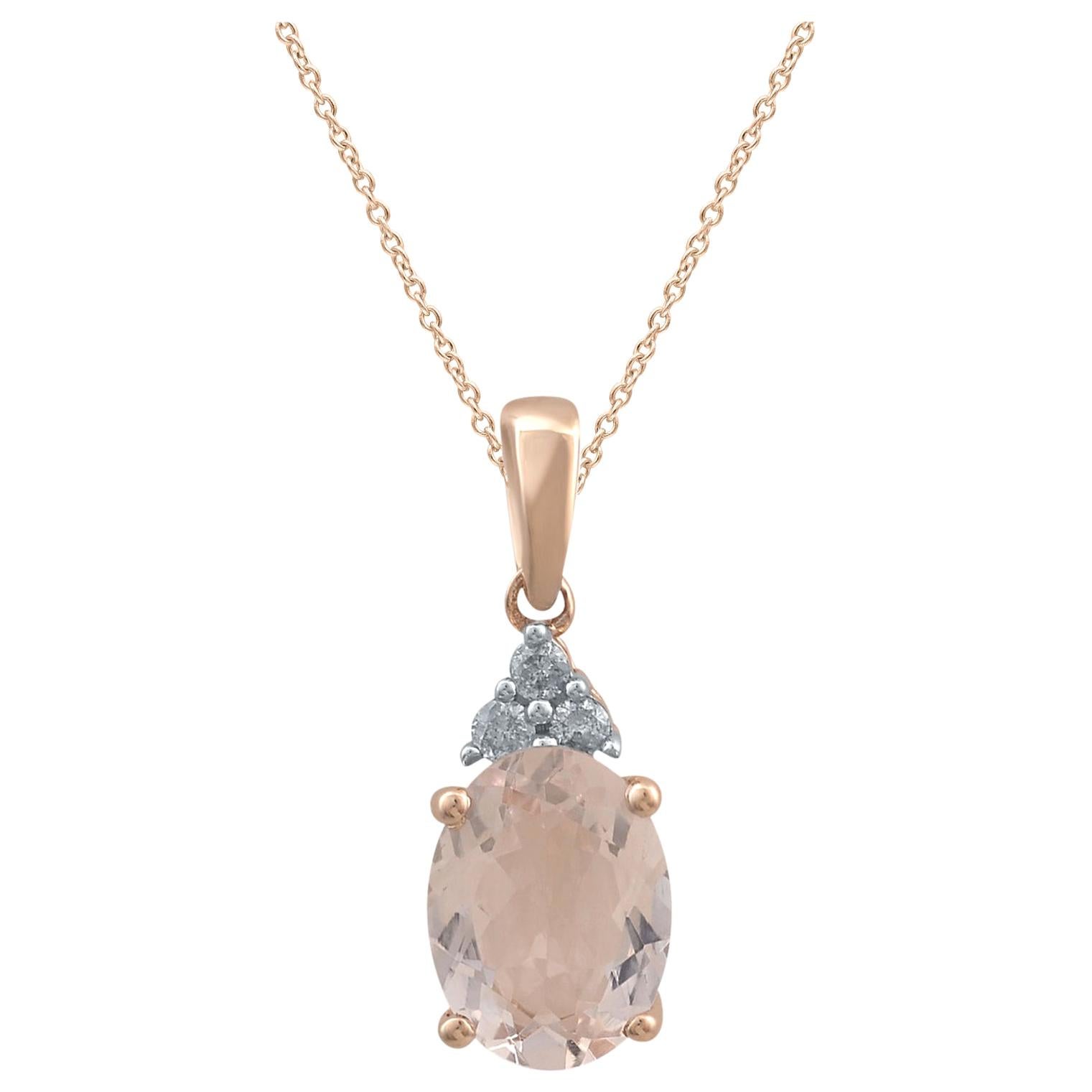 TJD 0.05 Carat Round and Natural Oval Morganite 14 Karat Gold Diamond Pendant