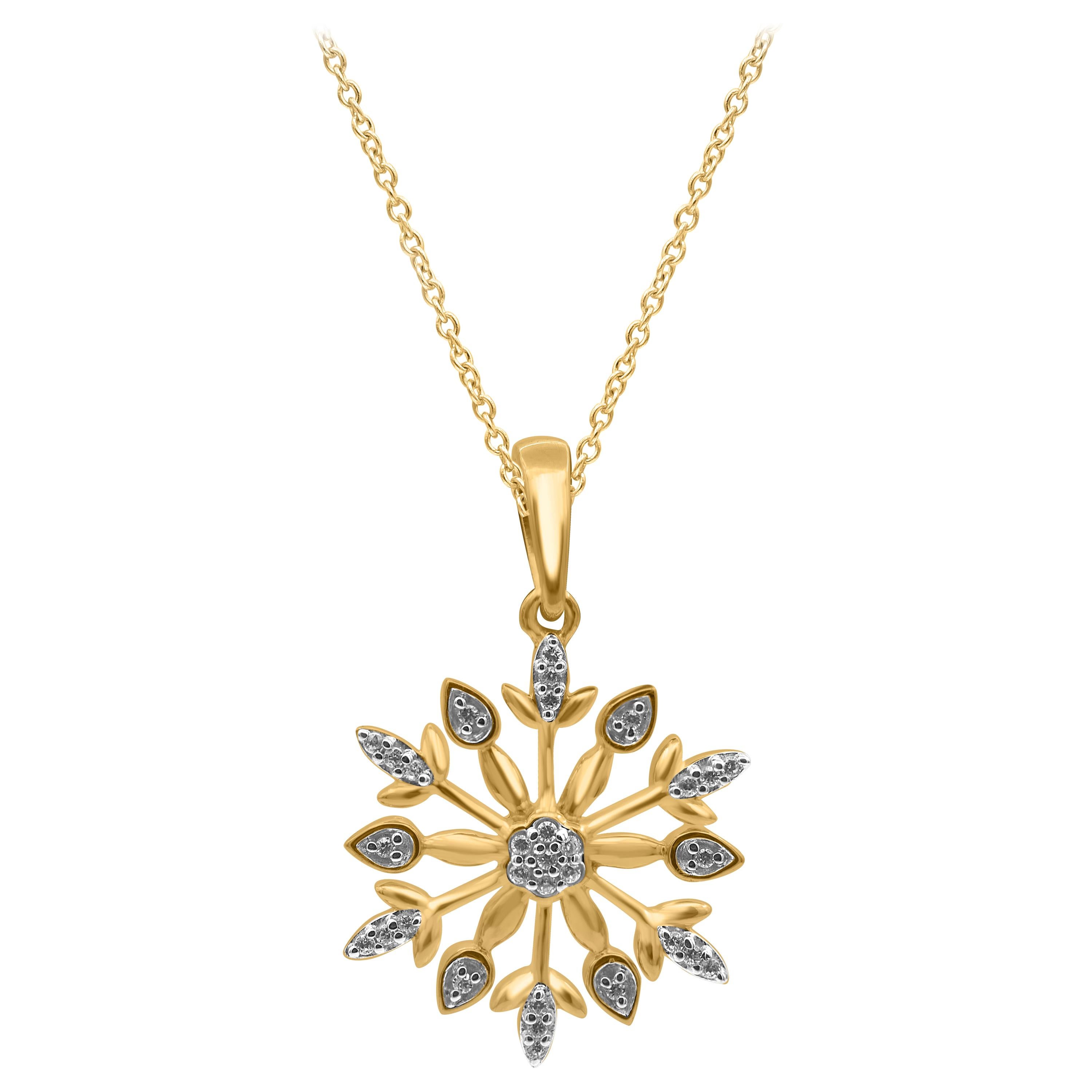 TJD 0.05 Carat Round Diamond 14Kt Yellow Gold Snowflake Designer Fashion Pendant For Sale
