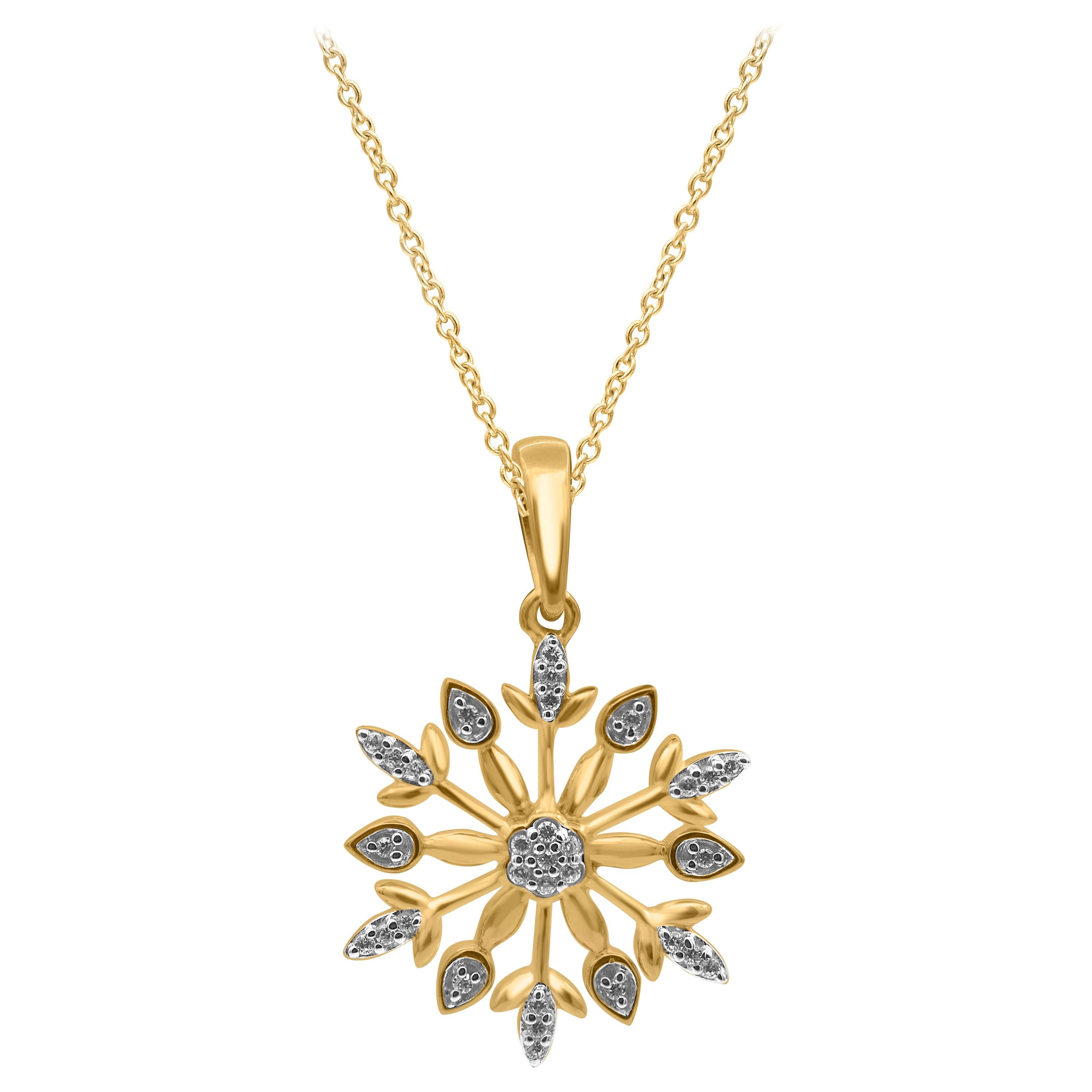 TJD 0.20 Carat Round Diamond 14 Karat Yellow Gold Designer Snowflake ...