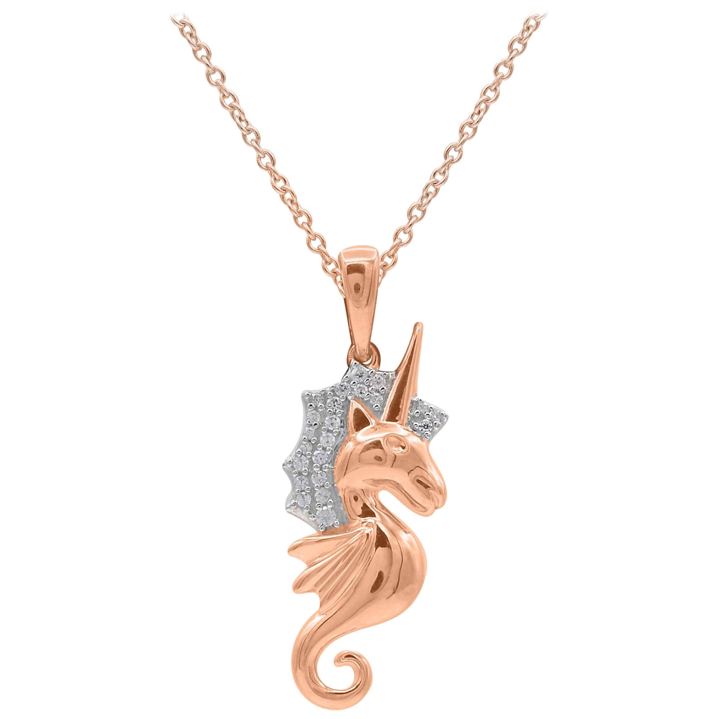 TJD 0.05 Carat Round Diamond 14 Karat Rose Gold Seahorse Unicorn Pendant