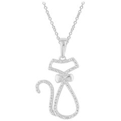 TJD 0.05 Carat Round Diamond 14 Karat White Gold Cute Cat with Bow Tie Pendant