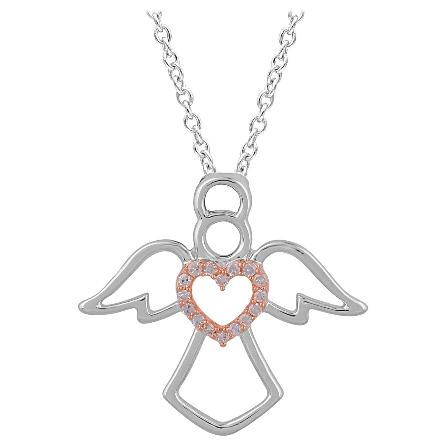 TJD 0.05 Carat Round Diamond 14 Karat White Gold Designer Angel Heart Pendant