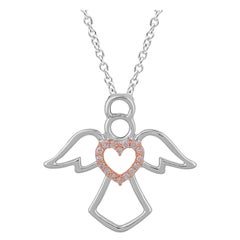 TJD 0.05 Carat Round Diamond 14 Karat White Gold Designer Angel Heart Pendant