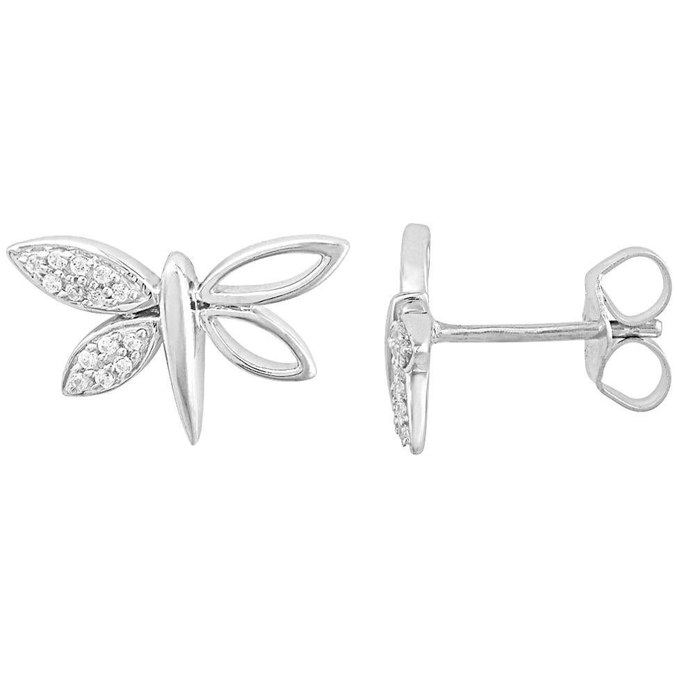 TJD 0.05 Carat Round Diamond 14 Karat White Gold Dragonfly Fashion Stud Earrings For Sale