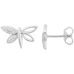 TJD 0.05 Carat Round Diamond 14 Karat White Gold Dragonfly Fashion Stud Earrings
